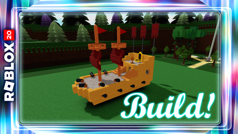 A wooden boat with red sails and cannon blocks built on the starting plot in Build A Boat For Treasure