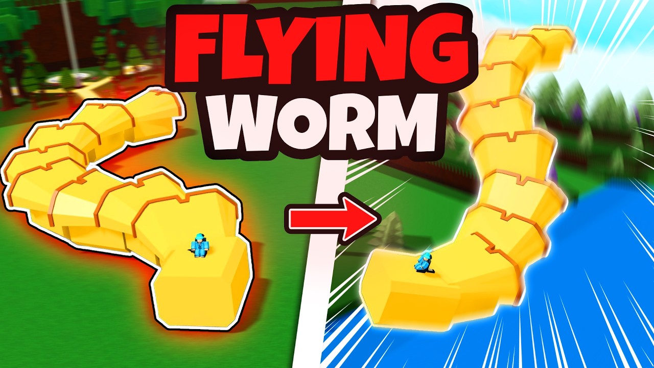 A flying worm build made of yellow blocks rising above the river in Build A Boat For Treasure
